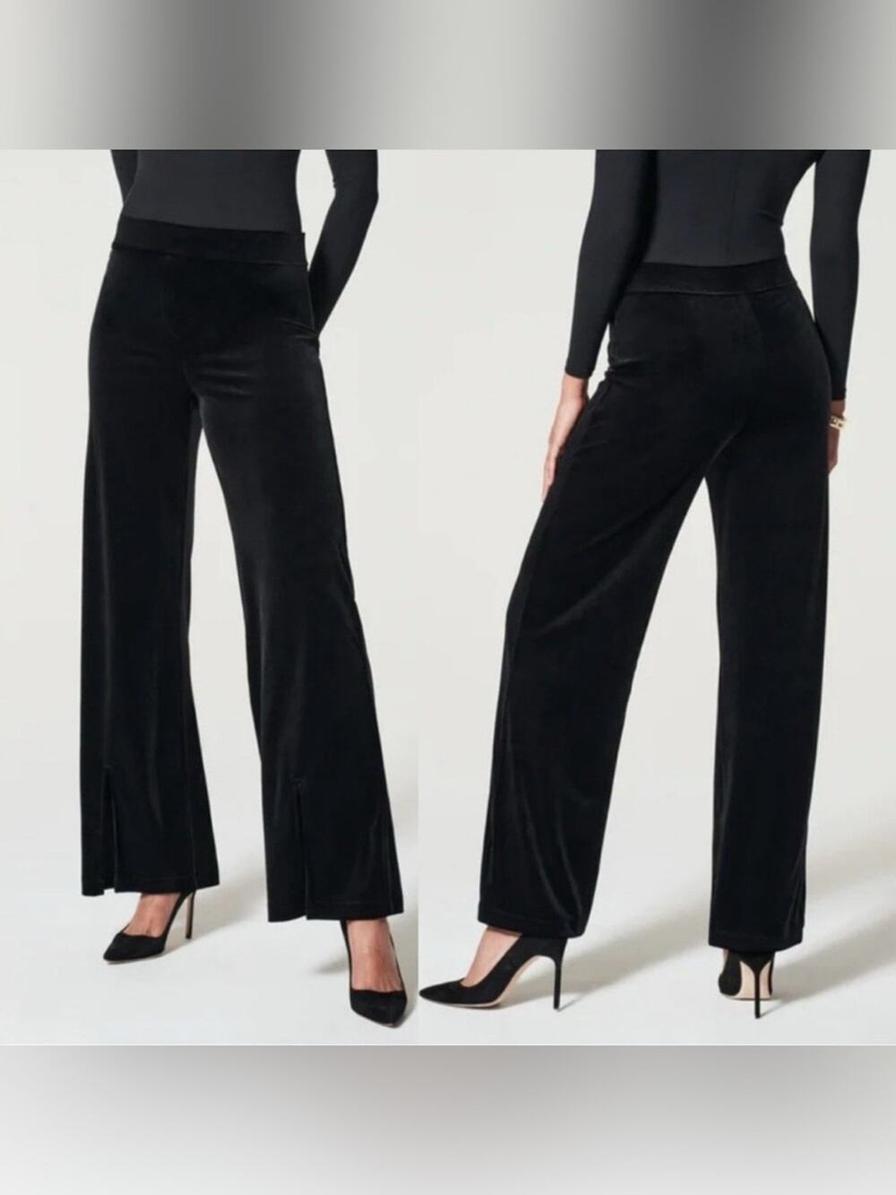 Spanx Black Velvet Split Hem Wide Leg Flowy Pull On Pants Size Small